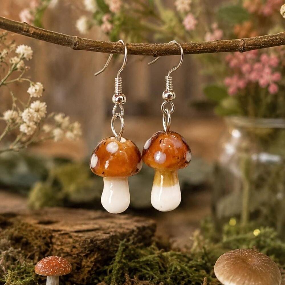 Handmade Mushroom Earrings Orange White Fairycore Cottagecore Dangle Jewelry